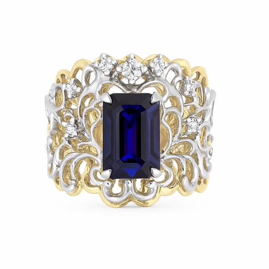 Platinum & 18K 2.56ct Emerald Cut Blue Sapphire 0.21cttw White Diamonds Designer Ring