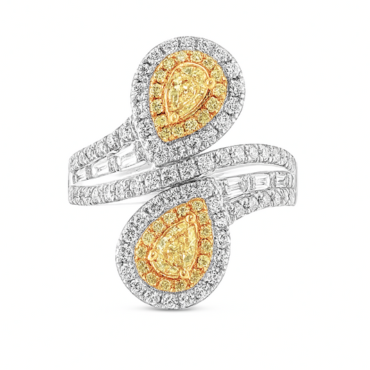 18K 0.42cttw Pear Shape Yellow Diamond 0.41cttw Tapered Baguette White Diamond 0.69cttw White Diamonds 0.17cttw Yellow Diamonds Ring