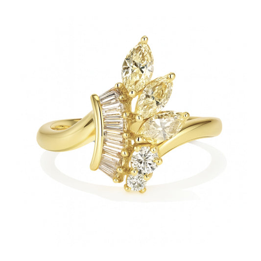 18K 0.71cttw Marquise Yellow Diamond 0.43cttw Round and Tapered Baguette White Diamonds Ring