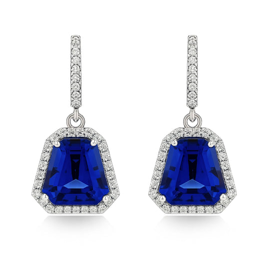 18K 13.70cttw Fancy Cut Blue Wing Tanzanite 0.85cttw VS White Diamonds Drop Earrings
