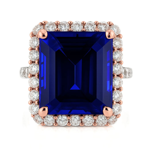 18K 14.16ct Emerald Cut Blue Wing Tanzanite 1.42cttw VS White Diamonds Ring