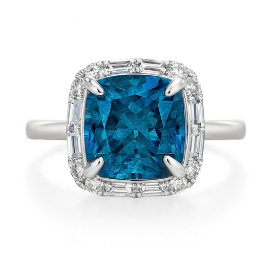 18K 3.63ct Princess Cut Blue Zircon 0.36cttw VS White Diamonds Ring