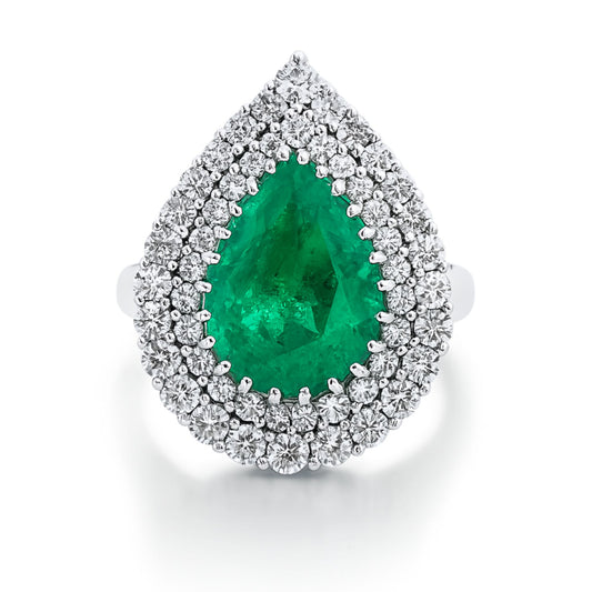 18K 4.65ct Pear Shape Colombian Emerald 1.35cttw White Diamonds Ring
