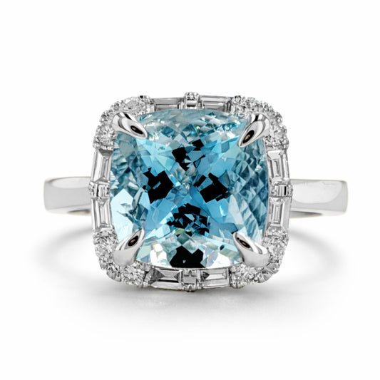 18K 3.21ct Cushion Santa Maria Aquamarine 0.41cttw White Diamonds Ring