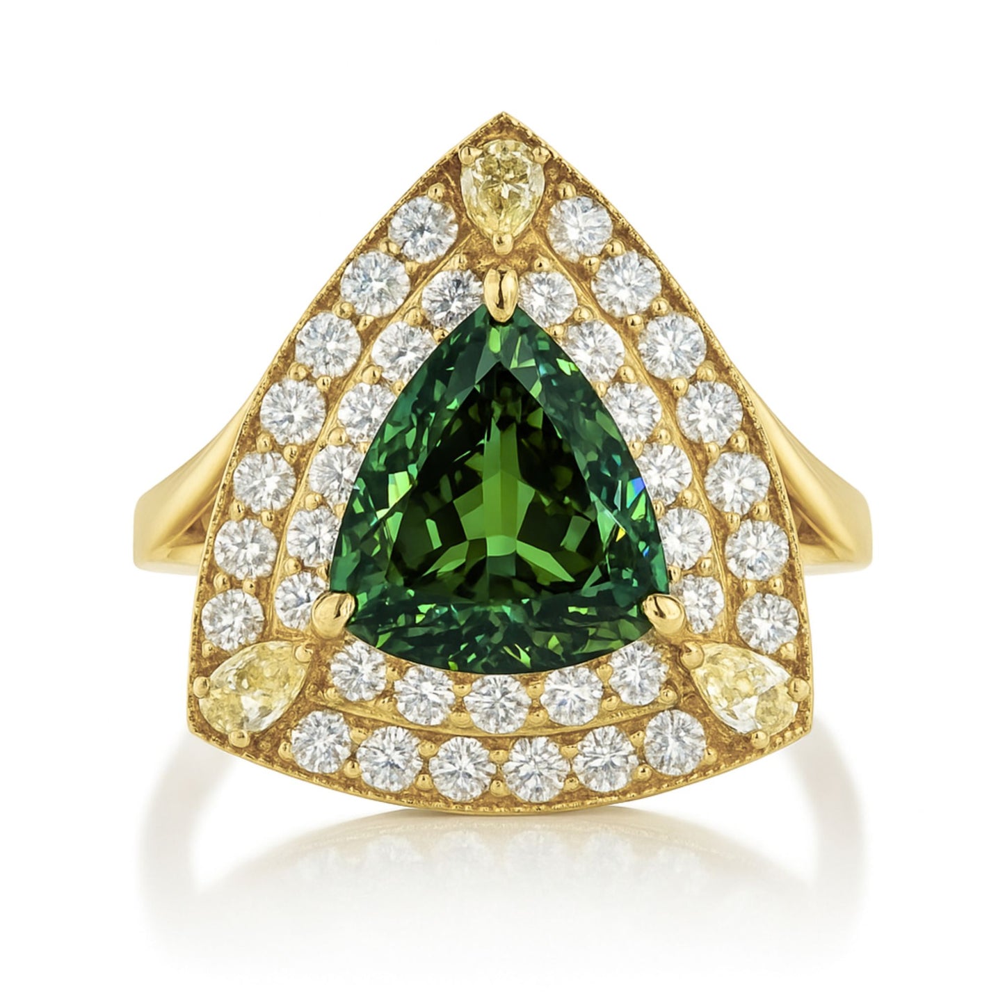 18K 3.91ct Fancy Cut Namibian Demantoid 1.06cttw VS Yellow & White Diamonds Ring