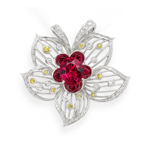 18K 2.18ct Oval Rubellite 0.28cttw Round Yellow Sapphire 0.28cttw White Diamonds Brooch