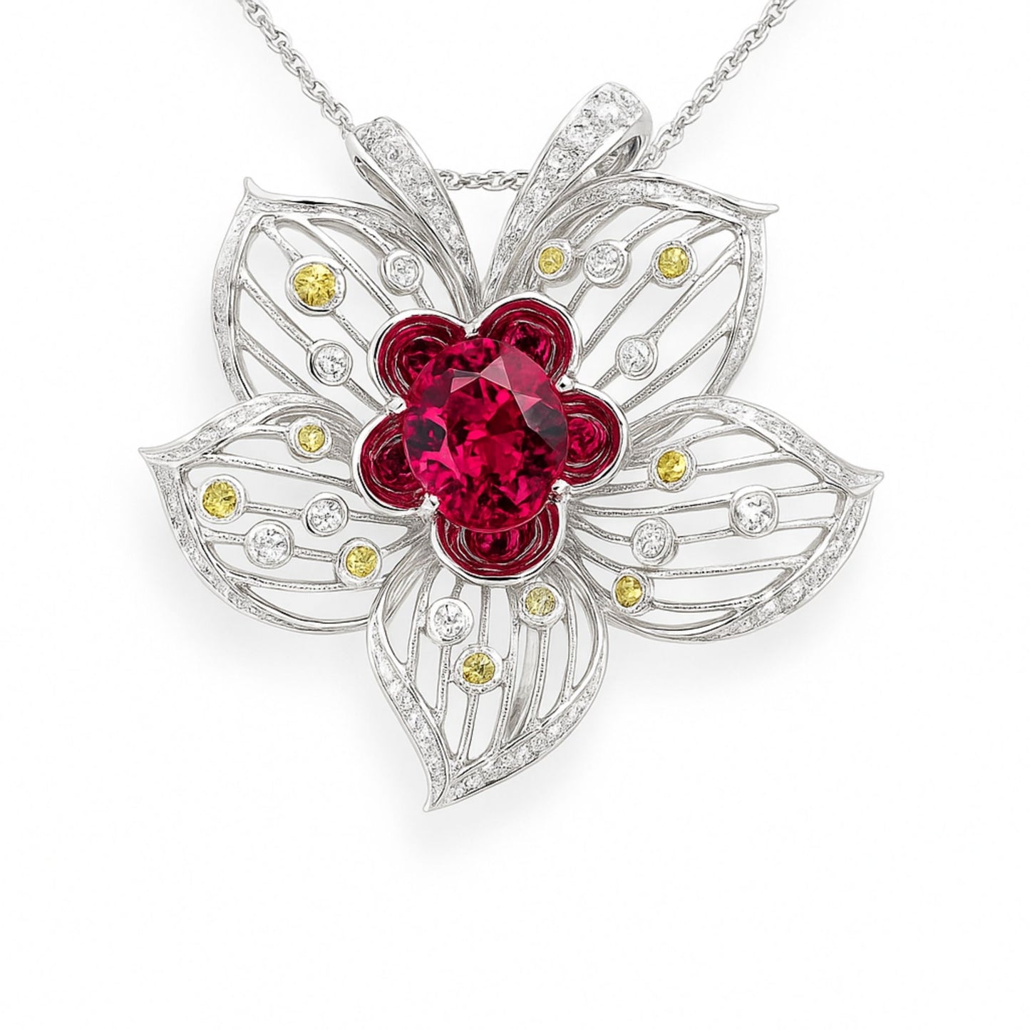 18K 2.18ct Oval Rubellite 0.28cttw Round Yellow Sapphire 0.28cttw White Diamonds Brooch