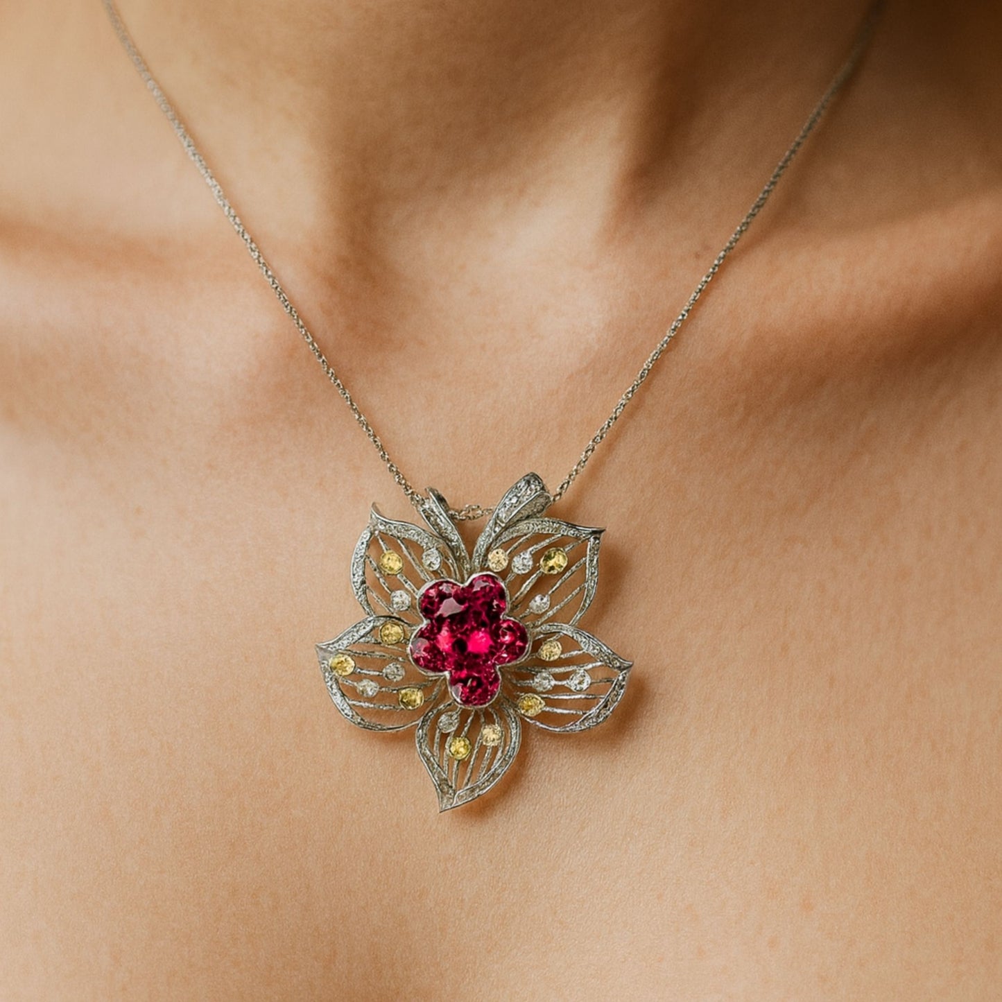 18K 2.18ct Oval Rubellite 0.28cttw Round Yellow Sapphire 0.28cttw White Diamonds Brooch