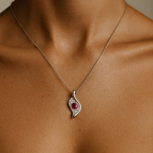 18K 0.79ct Oval Ruby 0.35cttw White Diamonds Necklace