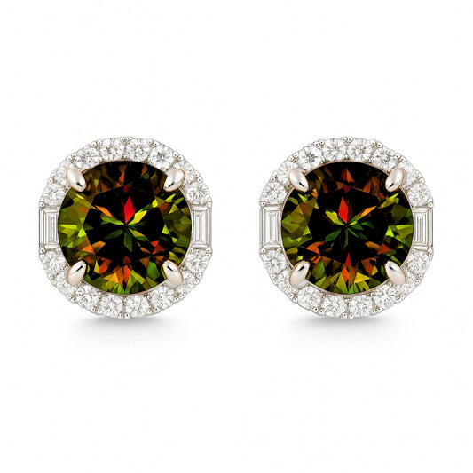 18K 5.55cttw Round Private Collection Color Change Sphene 0.83cttw VS White Diamonds Stud Earrings