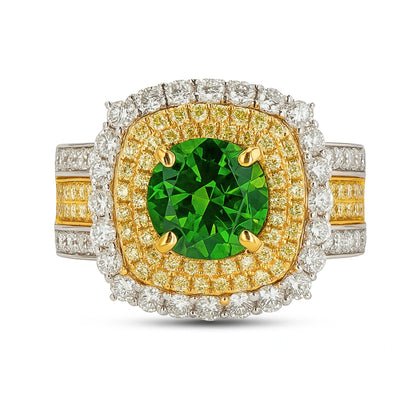 18K 1.97ct Round Russian Demantoid 1.47cttw VS Yellow & White Diamonds Ring