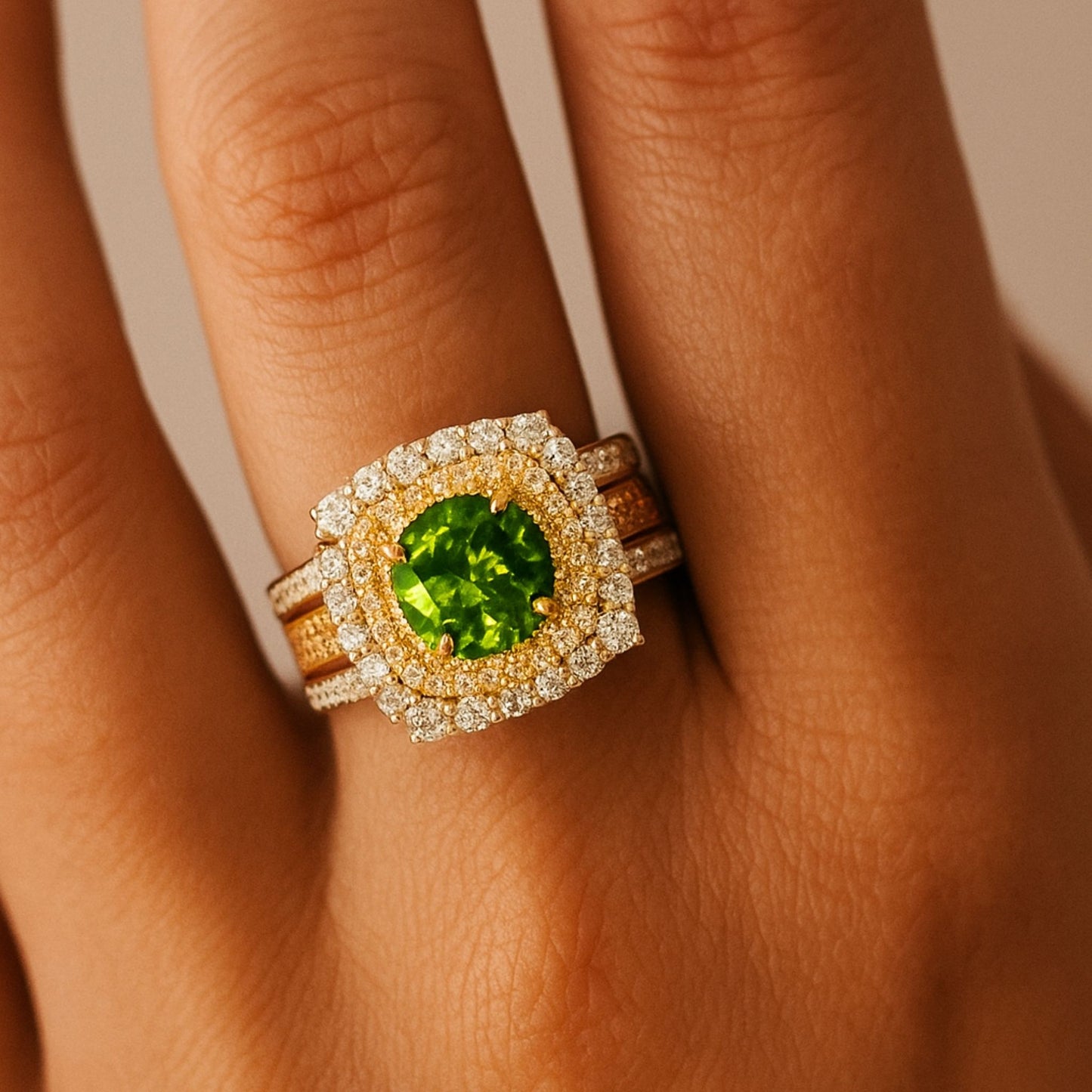18K 1.97ct Round Russian Demantoid 1.47cttw VS Yellow & White Diamonds Ring