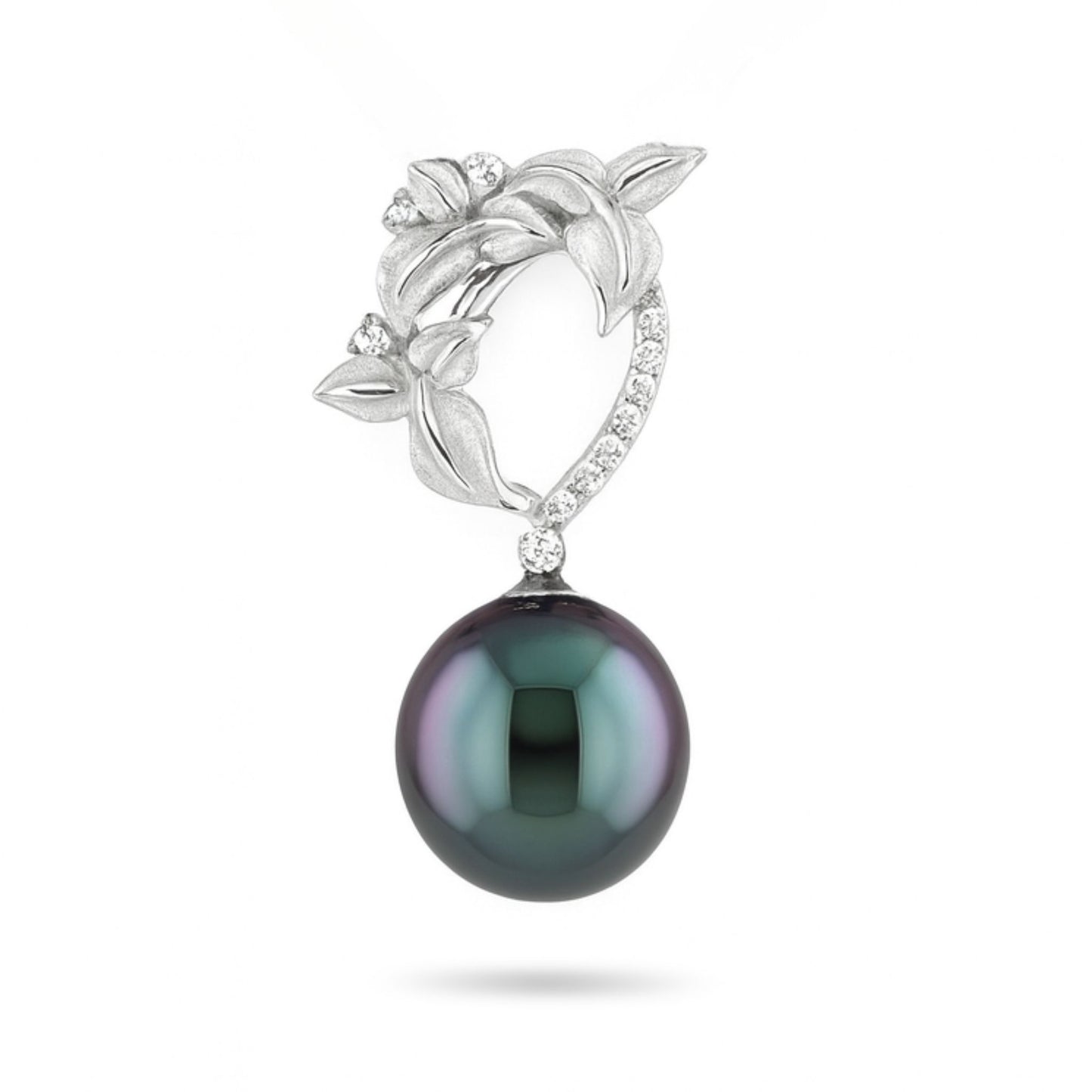 18K 11.5mm Round Tahitian Black Pearl 0.13cttw White Diamonds Pendant