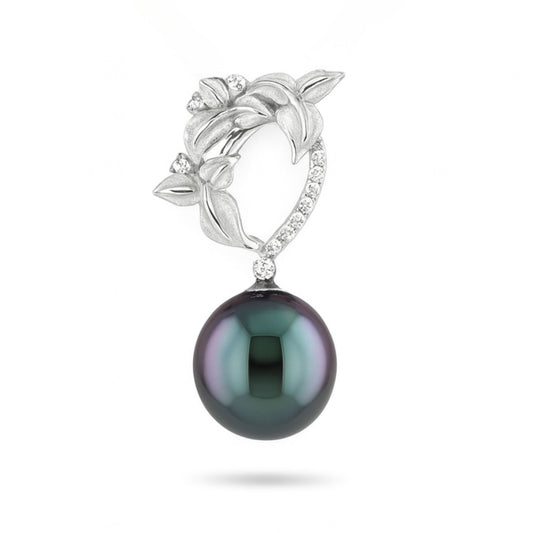 18K 11.5mm Round Tahitian Black Pearl 0.13cttw White Diamonds Pendant