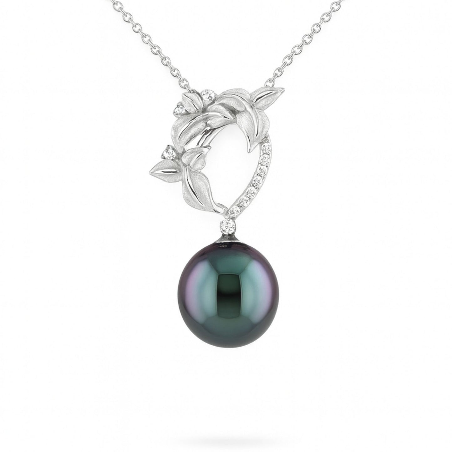 18K 11.5mm Round Tahitian Black Pearl 0.13cttw White Diamonds Pendant
