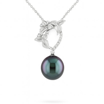 18K 11.5mm Round Tahitian Black Pearl 0.13cttw White Diamonds Pendant