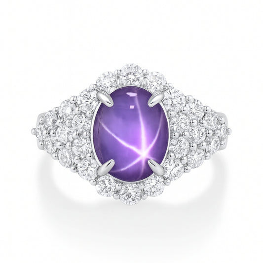 14K 2.45ct Oval Unheated Star Sapphire 1.18cttw VS White Diamonds  Ring