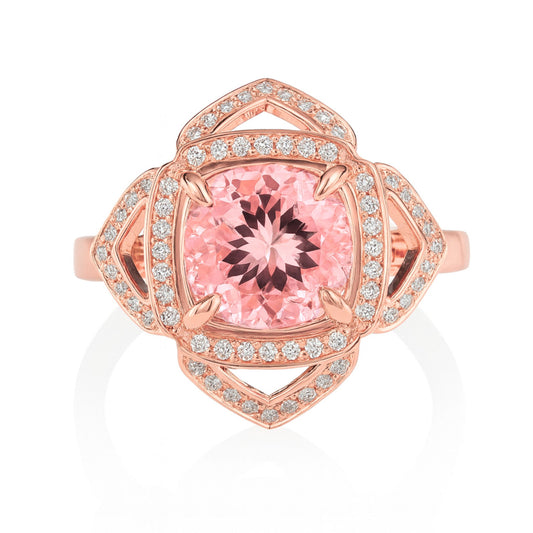 14K 2.64ct Round Pink Morganite 0.26cttw White Diamonds Ring