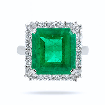 Platinum 8.63ct Emerald Cut Colombian Emerald 0.98cttw White Diamonds Ring