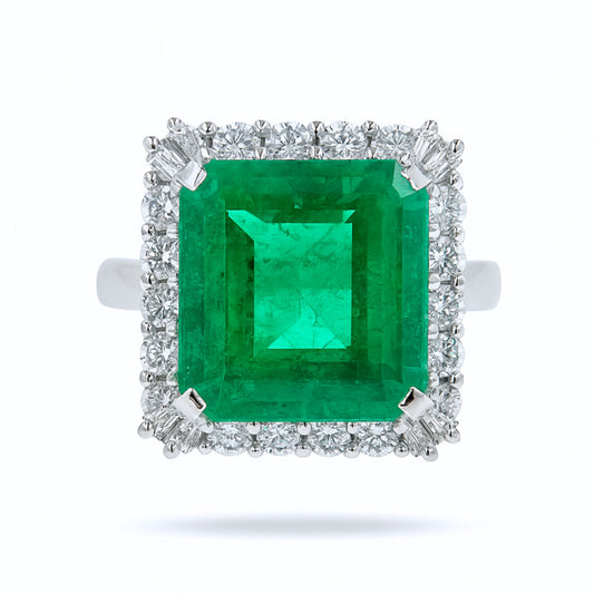 Platinum 8.63ct Emerald Cut Colombian Emerald 0.98cttw White Diamonds Ring