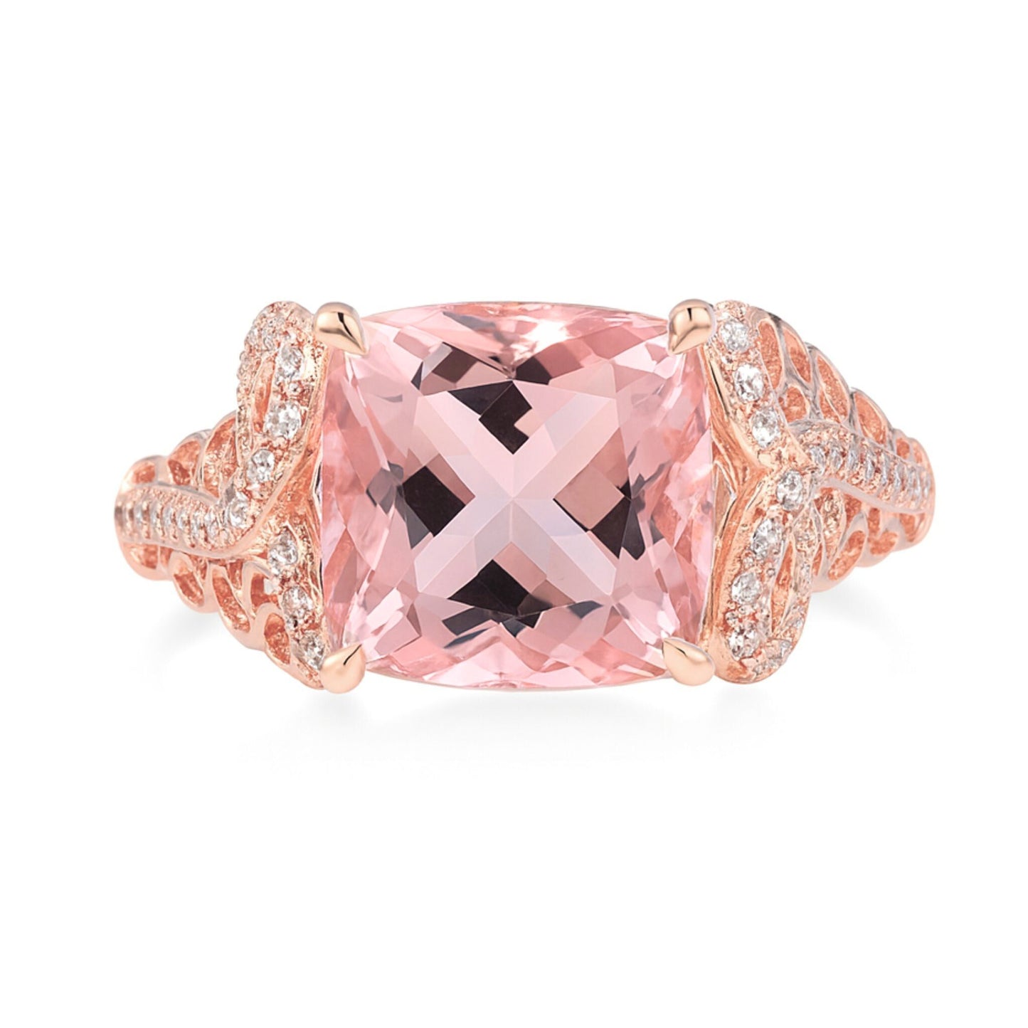 14K 3.05cttw Cushion Pink Morganite 0.23cttw VS White Diamonds Ring
