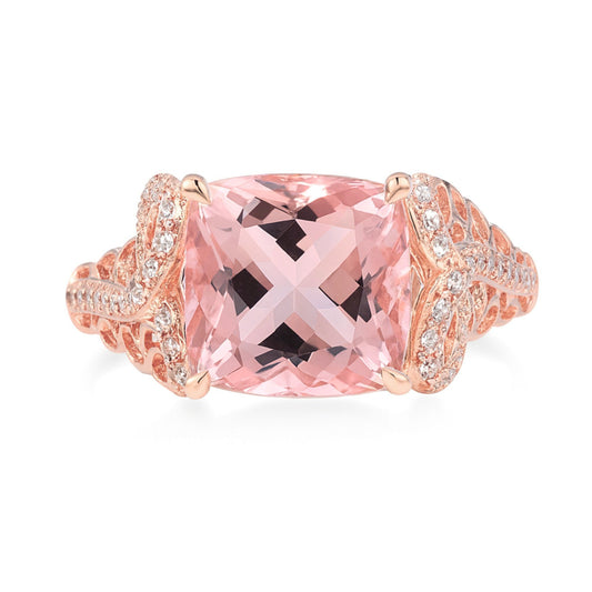 14K 3.05cttw Cushion Pink Morganite 0.23cttw VS White Diamonds Ring