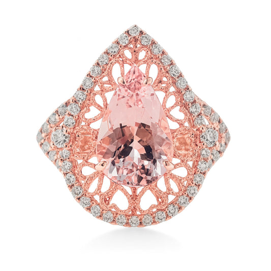 14K 3.07ct Pear Shape Pink Morganite 0.46cttw VS White Diamonds Ring