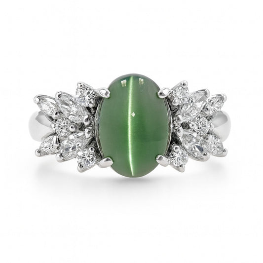 Platinum 3.40ct Oval Cat's Eye Chrysoberyl 0.55cttw White Diamonds Ring