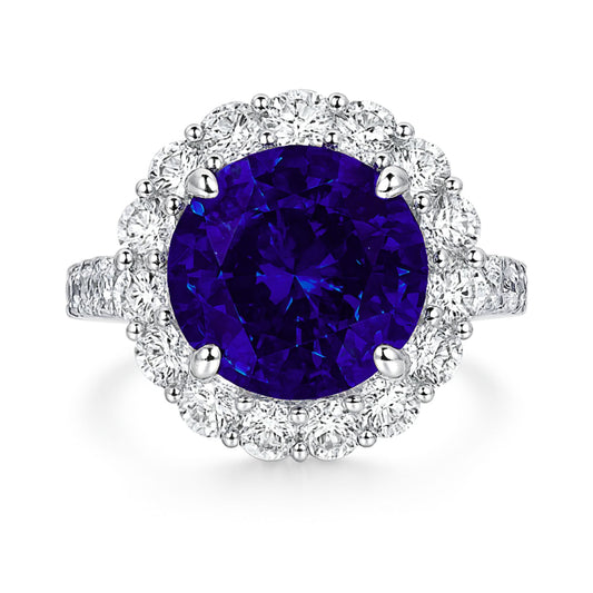 14K 5.17ct Round Blue Wing Tanzanite 1.36cttw VS White Diamonds Ring