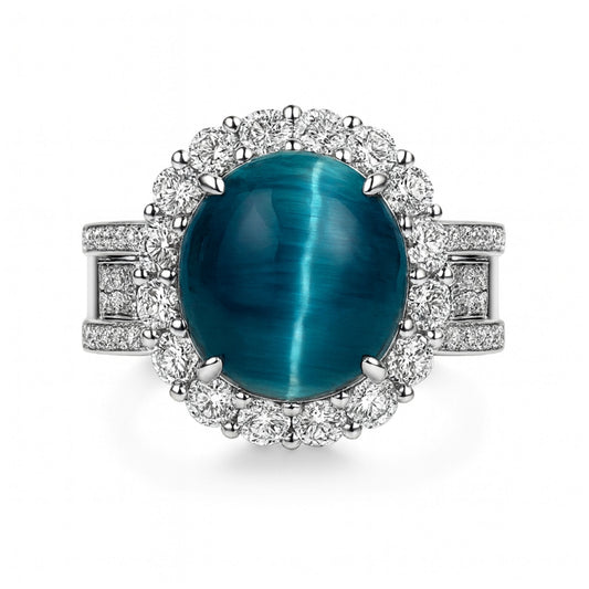 14K 5.68ct Round Cat's Eye Indicolite 1.84cttw VS White Diamonds Ring