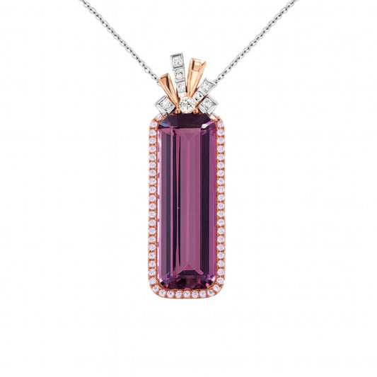 14K 24.41ct Emerald Cut Pink Diaspore 1.97cttw VS Pink & White Diamonds Pendant