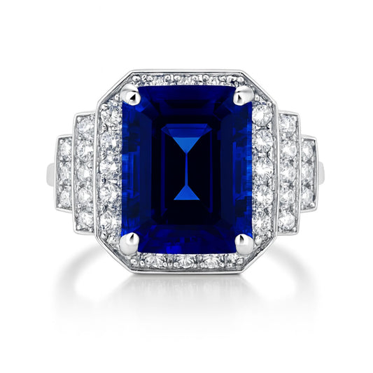 14K 6.29ct Emerald Cut Blue Wing Tanzanite 0.93cttw VS White Diamonds Ring