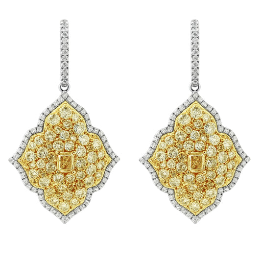 18K 0.87cttw Cushion Yellow Diamond 4.53cttw Yellow Diamonds 0.98cttw White Diamonds Drop Earrings
