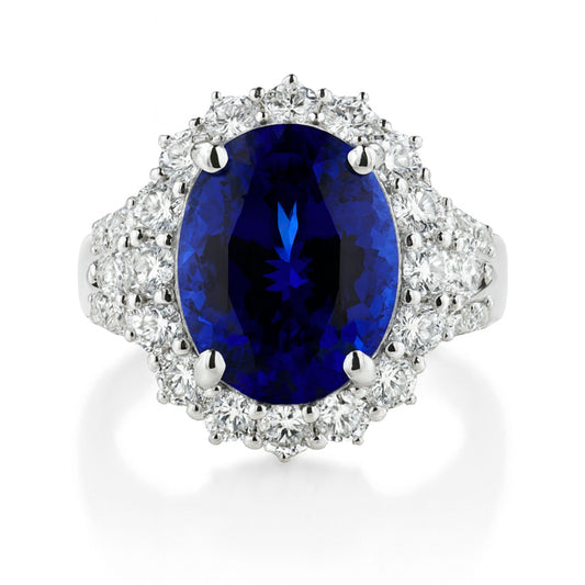 14K 7.06ct Oval Blue Wing Tanzanite 1.34cttw VS White Diamonds Ring