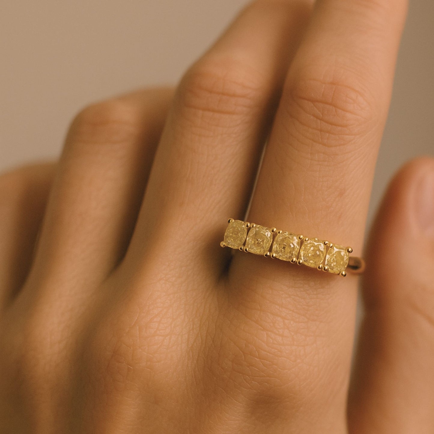 14K 1.10cttw Cushion VS Yellow Diamond 5 Stone Band Ring