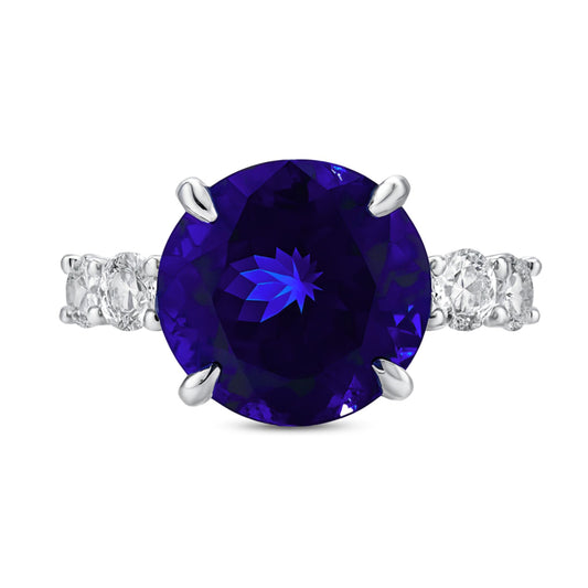 14K 8.28ct Round Blue Wing Tanzanite 1.00cttw VS White Diamonds Ring