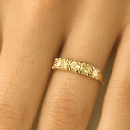 14K 1.10cttw Cushion VS Yellow Diamond 5 Stone Band Ring