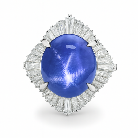 Platinum 19.79ct Oval Unheated Star Sapphire 2.30cttw White Diamonds Ring GIA #2239266967