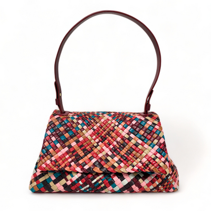 100% Genuine Lambskin Leather Woven Leather Handbag - Multicolor