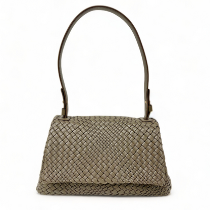 100% Genuine Lambskin Leather Woven Leather Handbag - Taupe