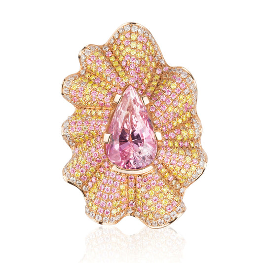 18K 5.18ct Pear Shape Bi-Color Unheated Pink Golden Zoisite 2.39cttw Pink, Yellow, and White Diamonds Ring