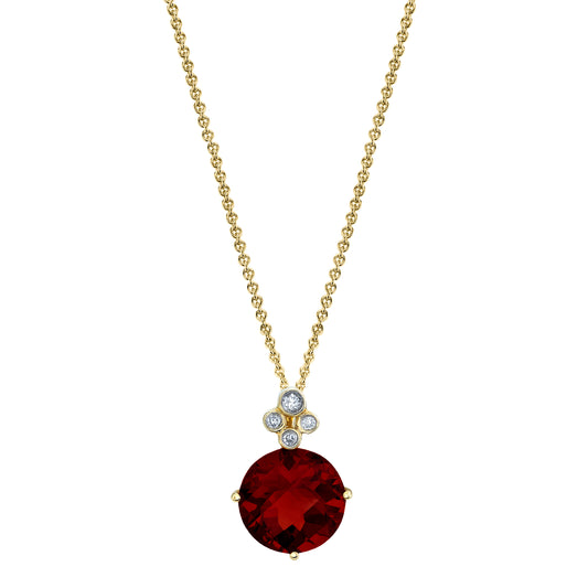 Round Garnet Pendant with Diamonds in 14K Yellow Gold
