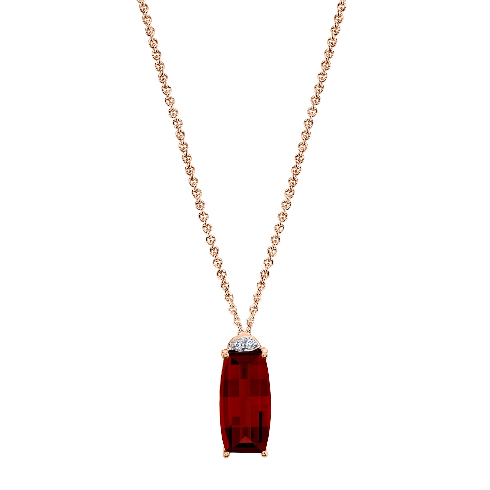 Barrel Cut Garnet Pendant with Diamonds in 14K Rose Gold
