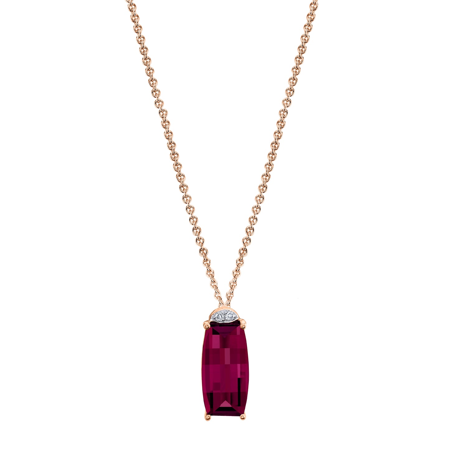 Barrel Cut Rhodolite Garnet Pendant with Diamonds in 14K Rose Gold