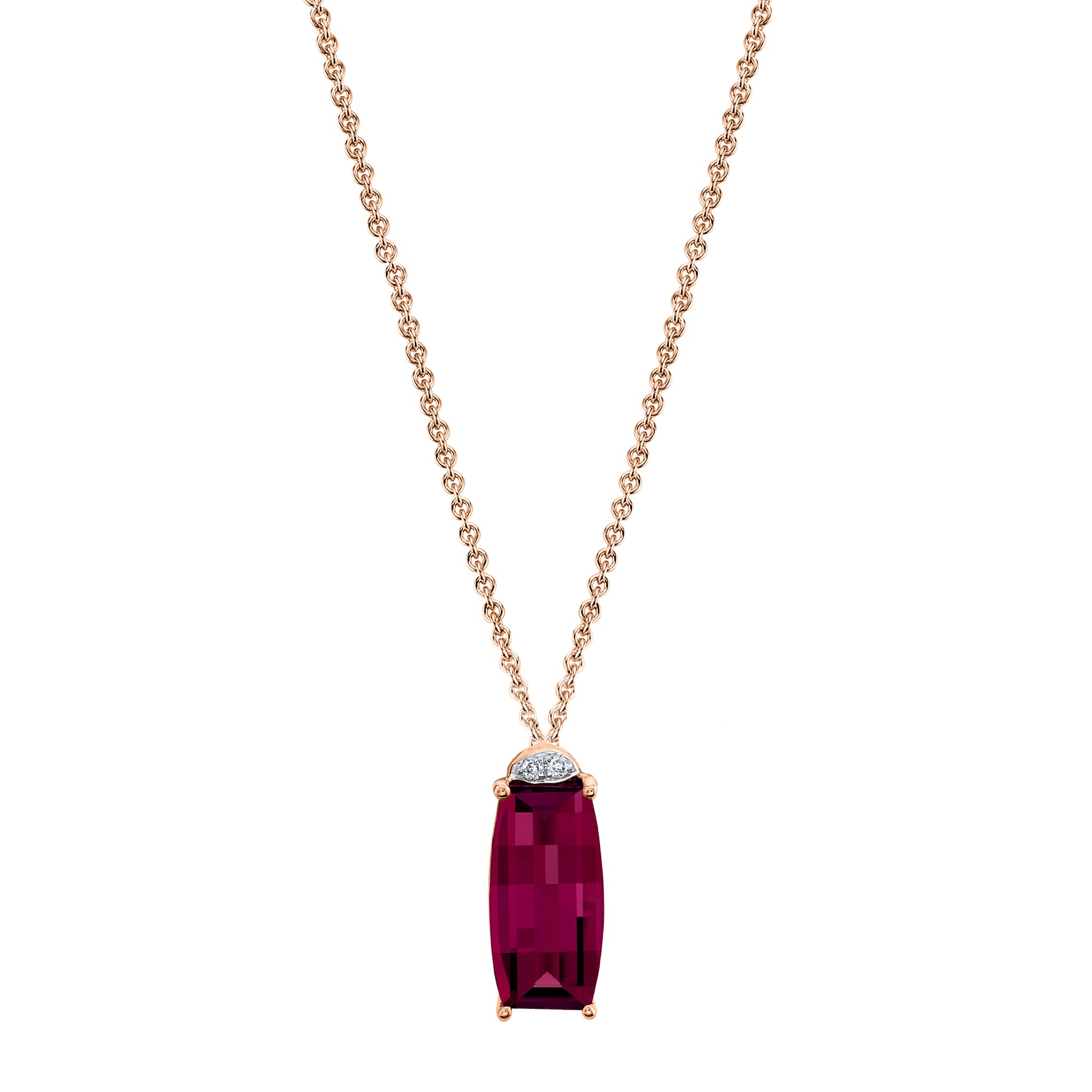 Barrel Cut Rhodolite Garnet Pendant with Diamonds in 14K Rose Gold