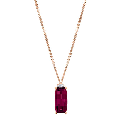 Barrel Cut Rhodolite Garnet Pendant with Diamonds in 14K Rose Gold