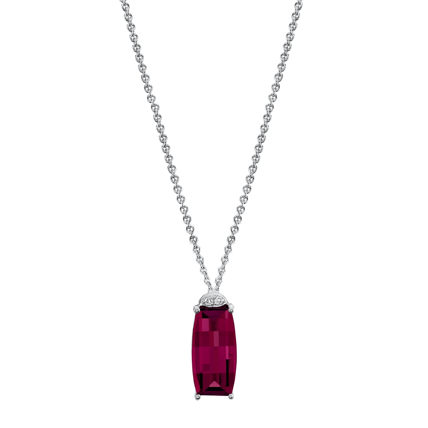 Barrel Cut Rhodolite Garnet Pendant with Diamonds in 14K White Gold