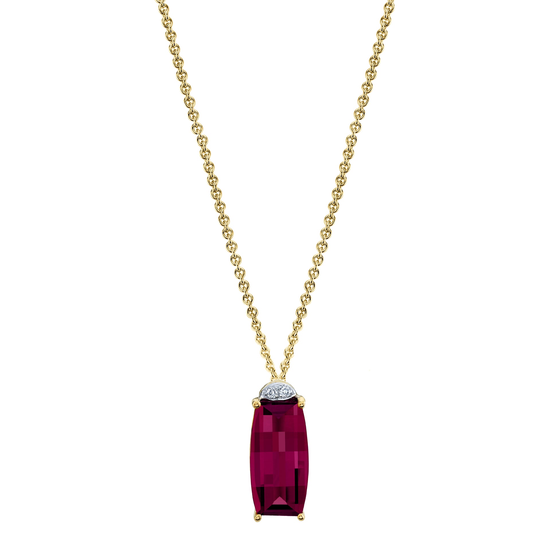 Barrel Cut Rhodolite Garnet Pendant with Diamonds in 14K Yellow Gold