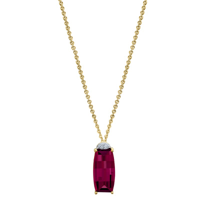 Barrel Cut Rhodolite Garnet Pendant with Diamonds in 14K Yellow Gold