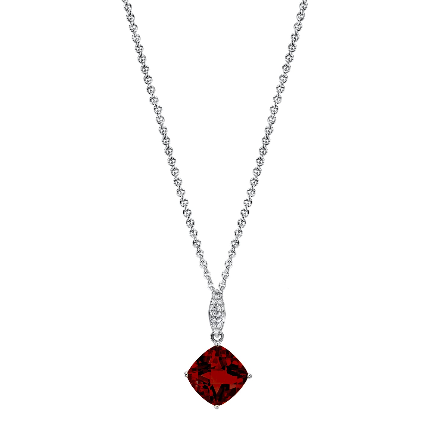 Round Garnet Charm Pendant with Diamonds in 14K White Gold
